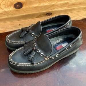 Vintage Tommy Hilfiger Men's Kiltie Tassel Black Leather Boat Shoe Loafers Size
